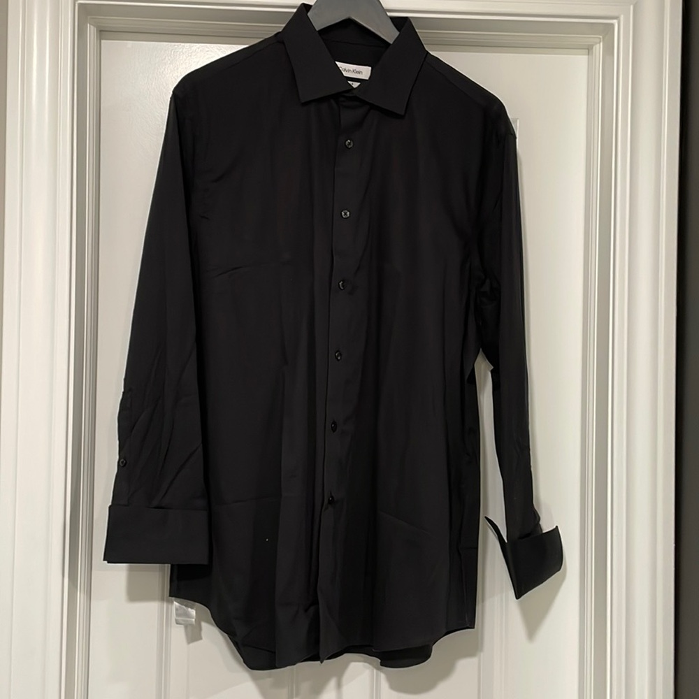 NEW Calvin Klein Mens Black Dress Shirt Regular Fit Herringbone French Cuff 16.5